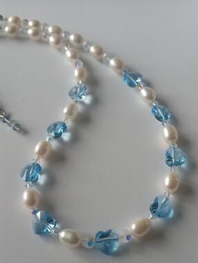 Blue Heart Crystal and White Freshwater Pearl Necklace